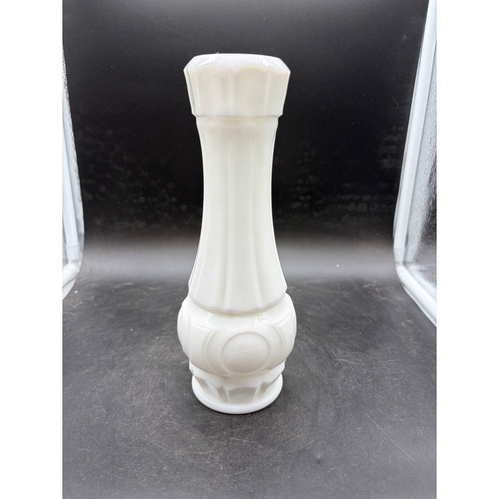 Vintage Milk Glass Bud Vase Paneled Neck Starburst Base White 9 Inch